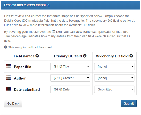 Review screen to view and correct metadata mappings